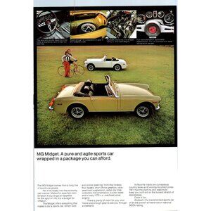 1973 MG Midget Convertible Sports Car Vintage Print Ad Grassy Field 70s Wall Art
